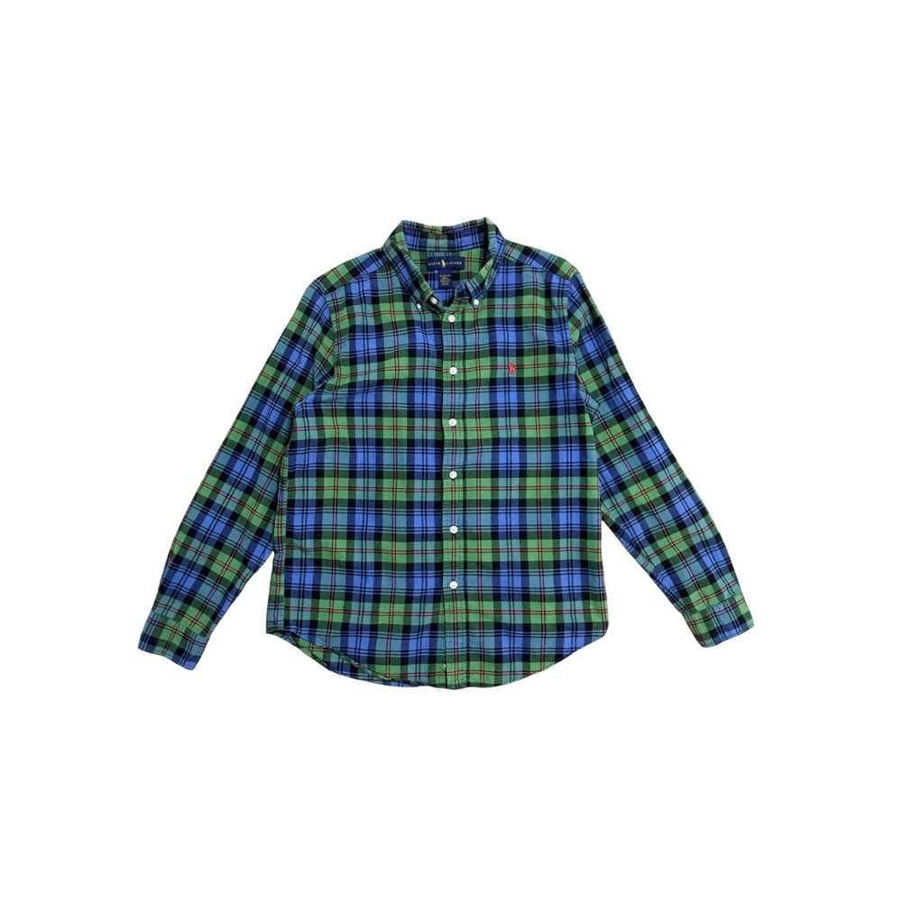 Ralph Lauren Shirt Boys XL 18-20 Green Blue Plaid Button Down Long Sleeve Pony